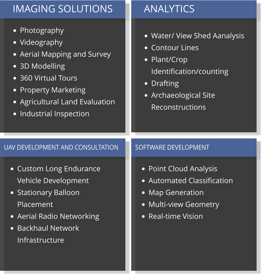 ANALYTICS  •	Water/ View Shed Aanalysis •	Contour Lines •	Plant/Crop Identification/counting •	Drafting •	Archaeological Site Reconstructions IMAGING SOLUTIONS •	Photography •	Videography •	Aerial Mapping and Survey •	3D Modelling •	360 Virtual Tours •	Property Marketing •	Agricultural Land Evaluation •	Industrial Inspection •	Custom Long Endurance Vehicle Development •	Stationary Balloon Placement •	Aerial Radio Networking •	Backhaul Network Infrastructure  UAV DEVELOPMENT AND CONSULTATION •	Point Cloud Analysis •	Automated Classification •	Map Generation •	Multi-view Geometry •	Real-time Vision  SOFTWARE DEVELOPMENT